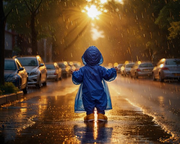 Child in blue raincoat on sunlit, rainy street