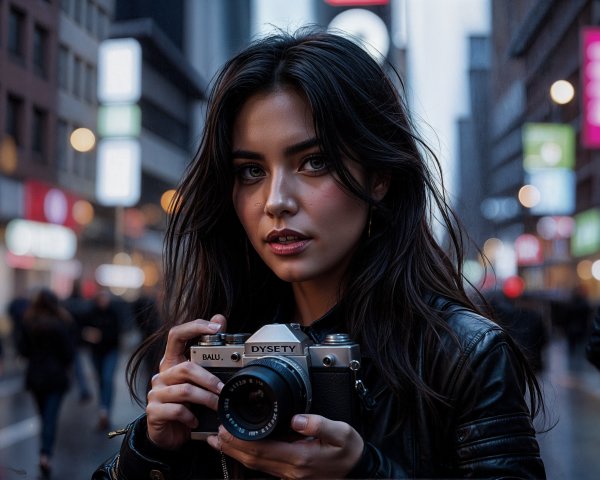 Young woman with vintage camera in urban setting