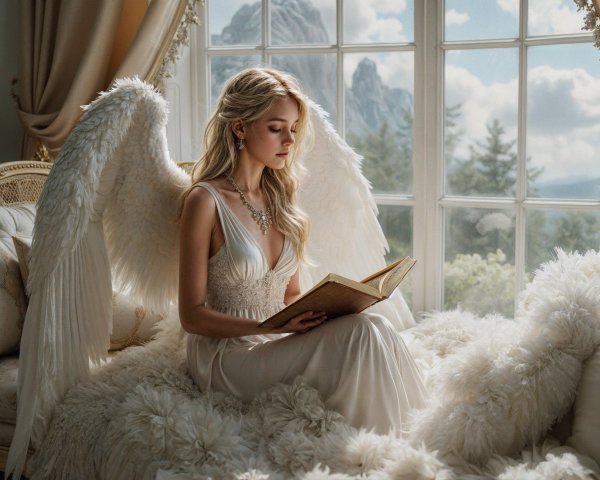 Young Woman with Wings Reading on a White Couch