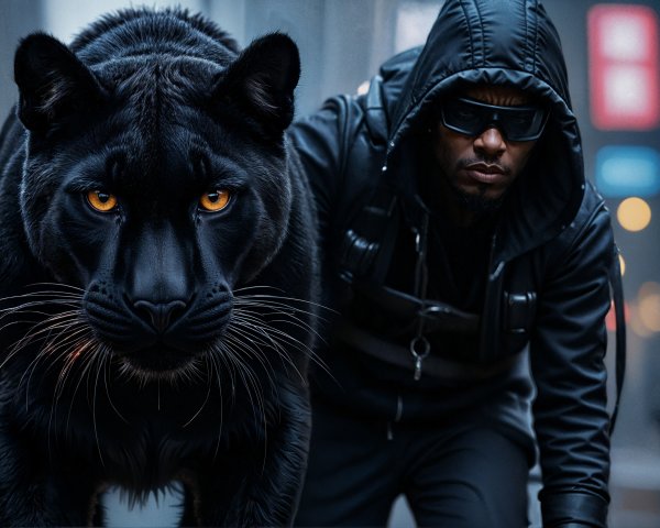 Black Panther and Man in Urban Setting Close-Up