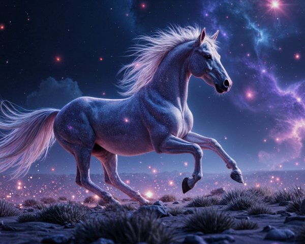 Majestic White Horse in a Cosmic Landscape