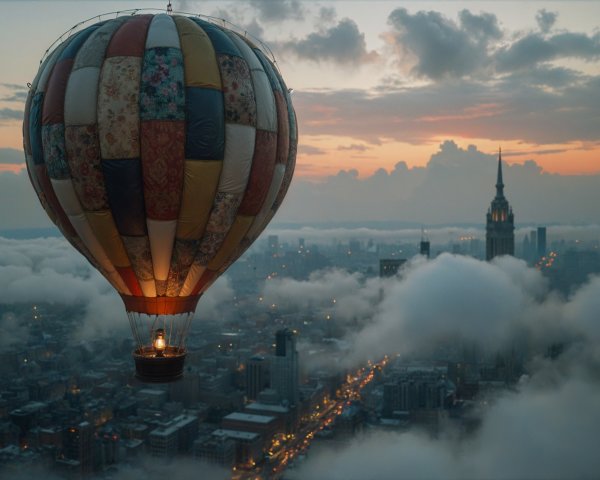 Colorful hot air balloon over cityscape at twilight