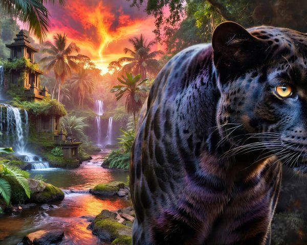 Close-Up of Black Panther in Tropical Jungle Setting