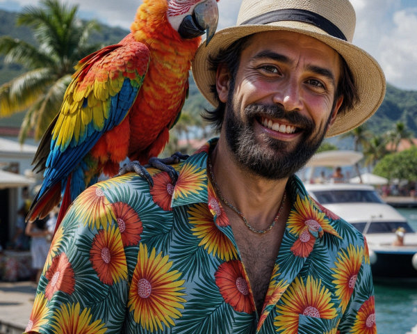 Cheerful man in floral shirt with macaw at harbor