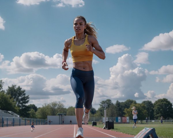 Female Athlete Sprinting on Track in Sunny Stadium