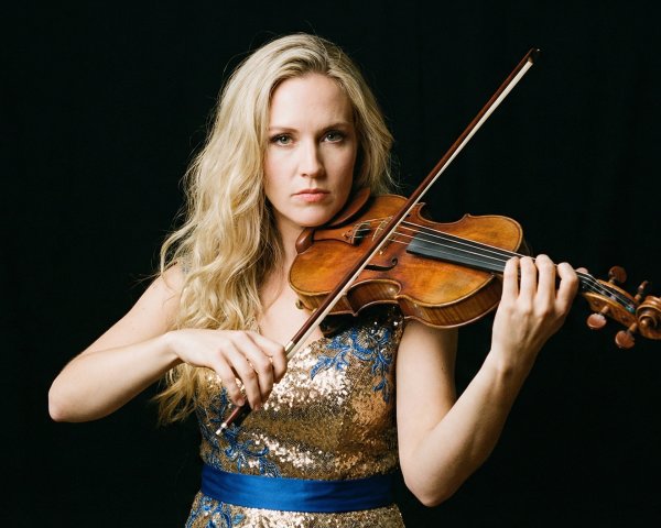 Blonde Woman in Gold and Blue Dress Playing Violin