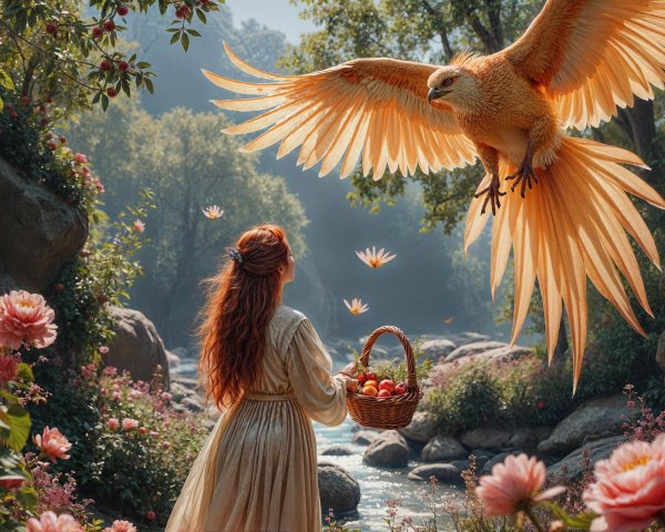 Young woman by stream with phoenix and vibrant flowers