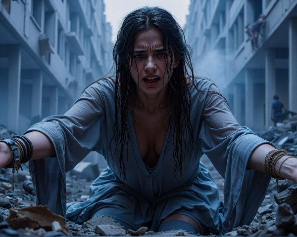 Woman in Blue Dress Kneeling in Urban Ruins