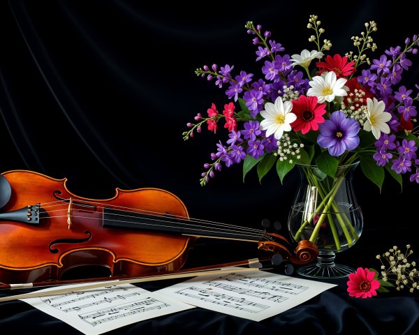 Still Life with Violin, Sheet Music, and Flowers