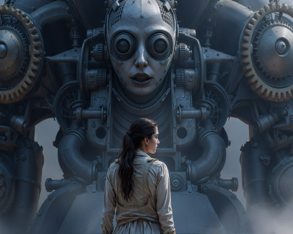 Woman in front of large, intricate robot in misty setting