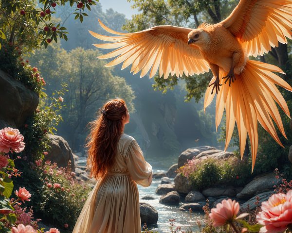 Serene Landscape with Woman and Majestic Golden Bird