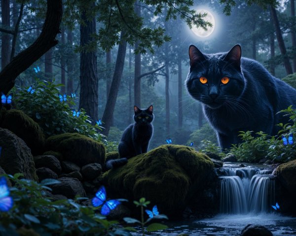 Mystical forest scene with cats and butterflies at night