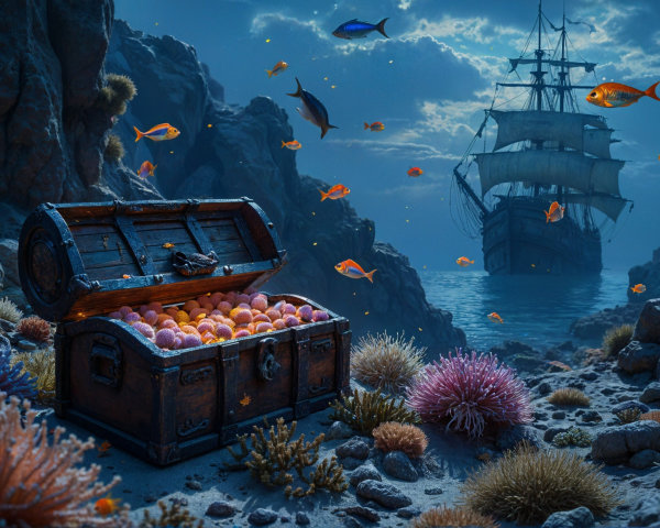 Underwater Scene with Treasure Chest and Colorful Pearls