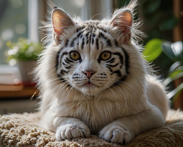 Fluffy White Cat with Black Stripes in Cozy Setting