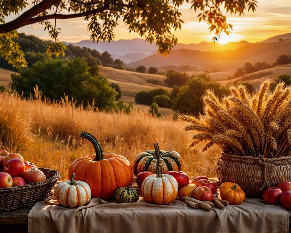 Autumn Scene with Pumpkins and Vibrant Apples