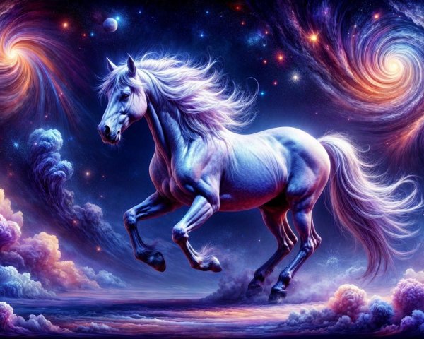 Unicorn in a Cosmic Landscape with Nebulae and Galaxies