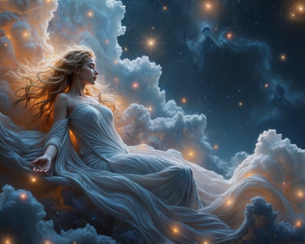 Serene figure in white fabric among starry clouds