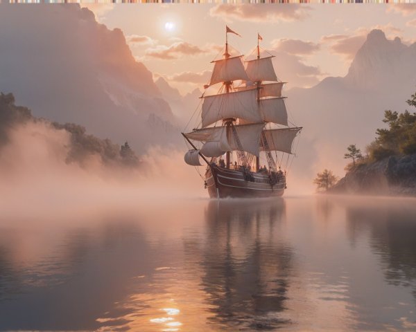 Majestic sailing ship on misty waterway at sunrise