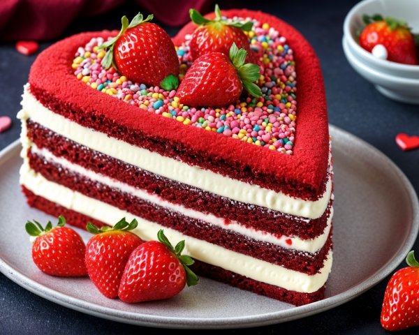 Heart-Shaped Red Velvet Cake with Frosting and Strawberries