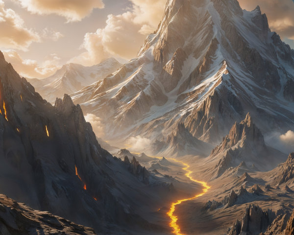 Majestic Mountain Range with Lava Flow and Clouds