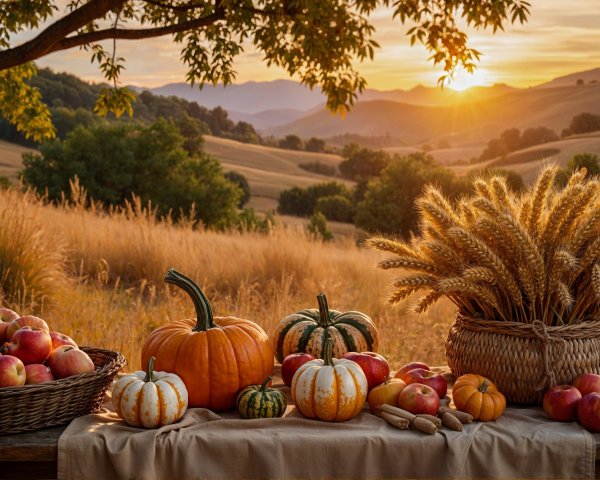 Autumn Scene with Pumpkins, Apples, and Wheat Basket