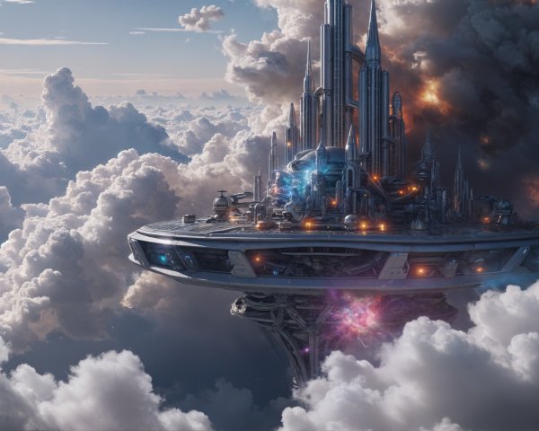 Futuristic Floating City Above the Clouds with Spires