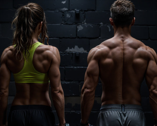 Athletes Showcasing Strength Against Dark Brick Wall