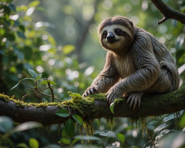Serene Sloth on Moss-Covered Branch in Greenery