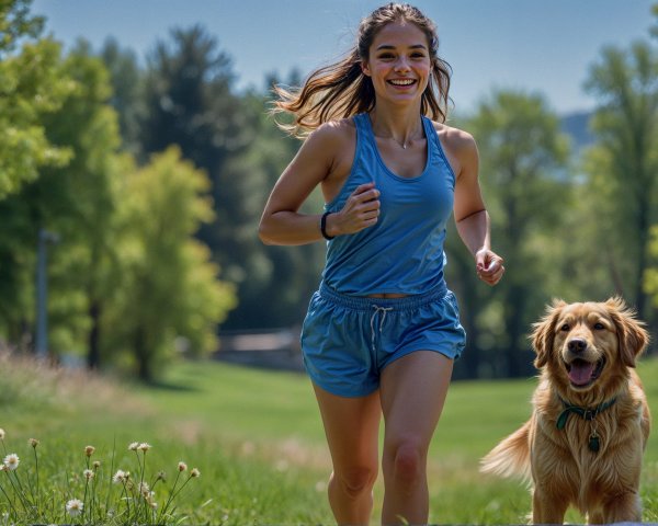 Young woman in blue outfit runs with golden retriever