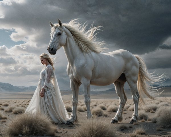 Desert Scene with Horse and Woman in Ethereal Gown