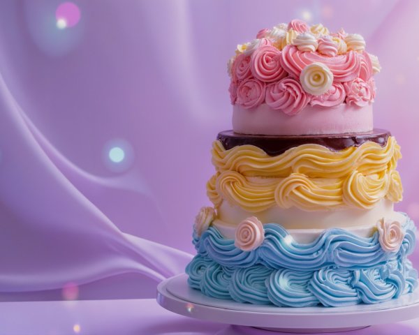 Three-layered cake in pink, yellow, and blue