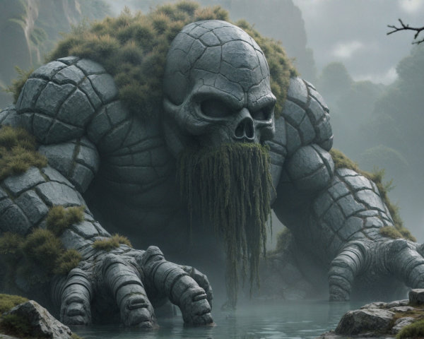 Colossal stone golem by a misty tranquil lake