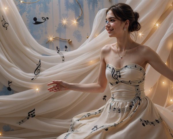 Young Woman in Musical Gown Against Enchanting Backdrop