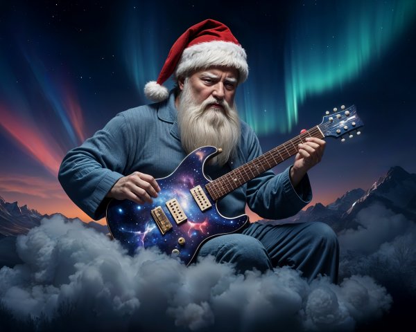 Old Man Playing Guitar on Cloud with Northern Lights