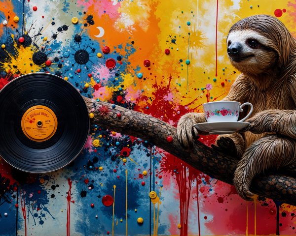 Whimsical Sloth on Branch with Teacup and Colors