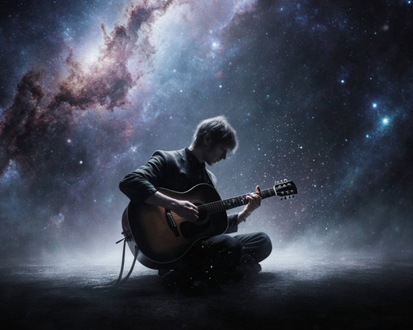 Silhouette of Musician in Cosmic Galaxy Setting