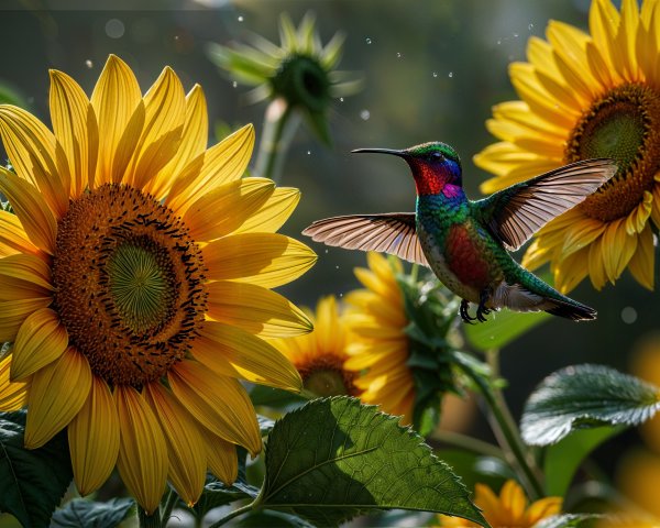 Hummingbird Near Bright Sunflowers in Summer Light