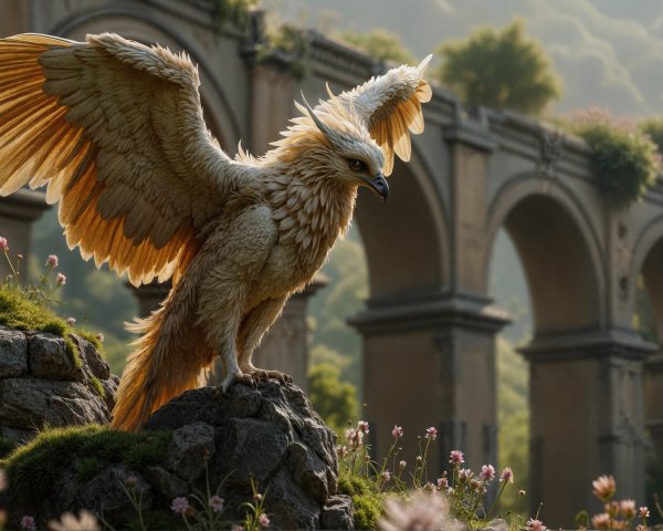 Majestic golden-feathered creature on rocky outcrop