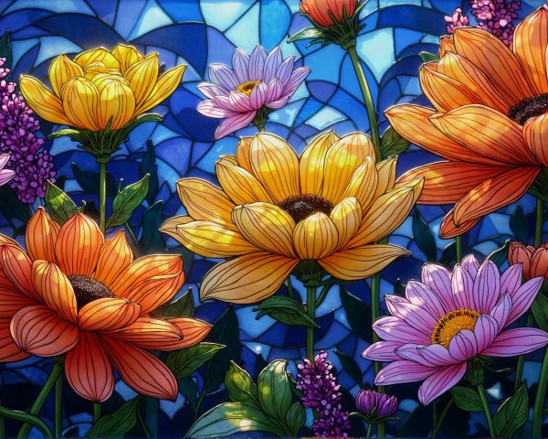 Vibrant Stained Glass Flower Arrangement in Blue