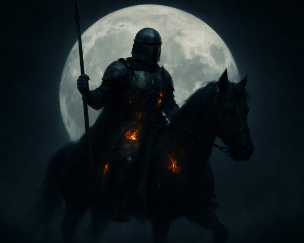 Armored Knight on Horse Under Moonlight with Embers