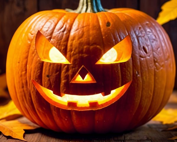 Carved Pumpkin with Mischievous Face in Autumn Setting