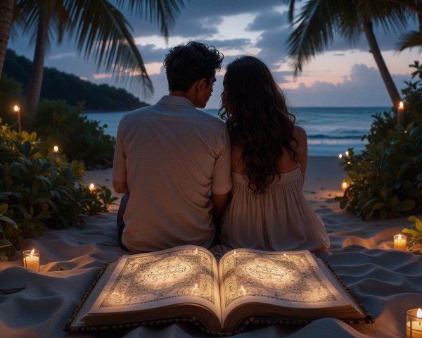 Romantic Beach Scene with Candles and Open Book