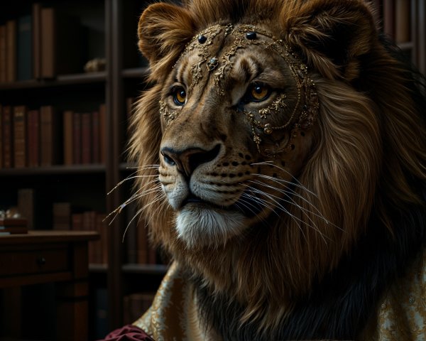 Majestic lion in ornate jewelry within a library setting