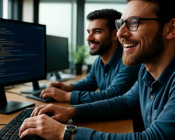 Young Men Working at Laptops in Modern Office Setting
