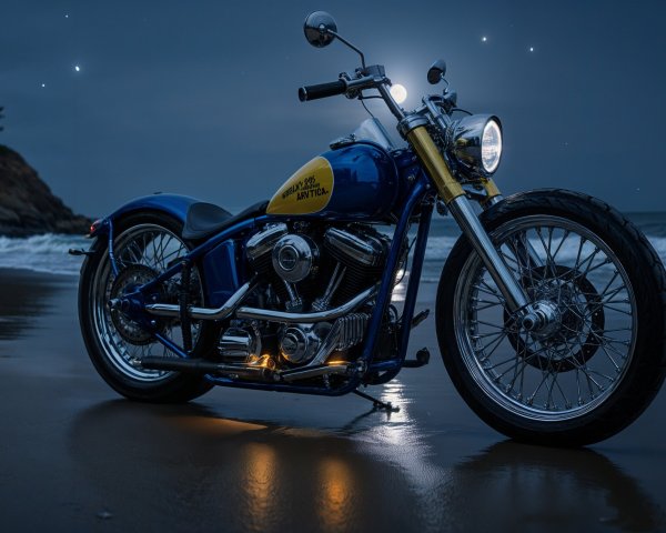Classic motorcycle on a beach at dusk with waves