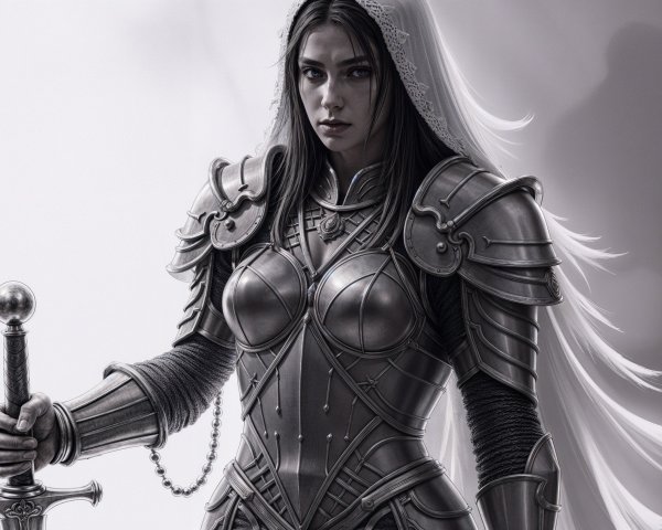 Fierce warrior in detailed silver armor with sword