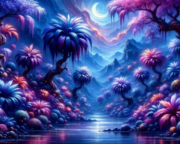 Vibrant Fantasy Landscape with Surreal Vegetation