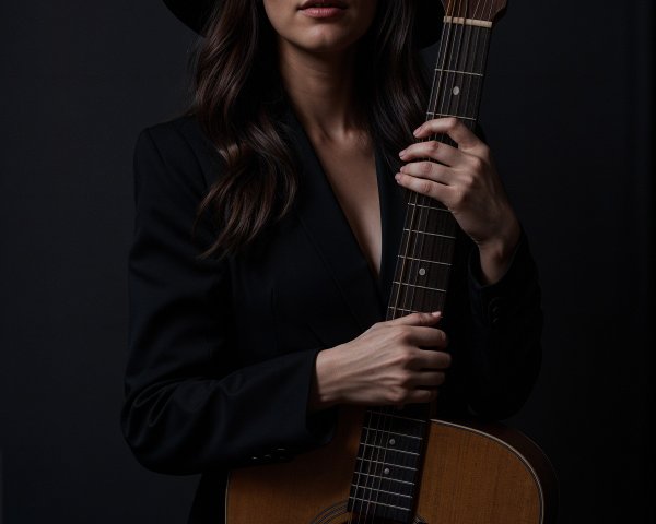 Confident Woman in Black Blazer with Acoustic Guitar