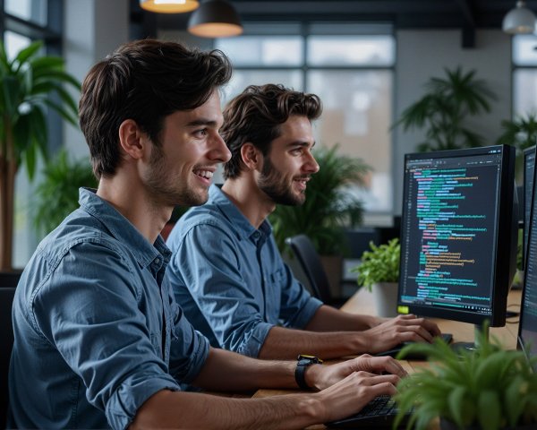 Modern office with two men coding at a desk