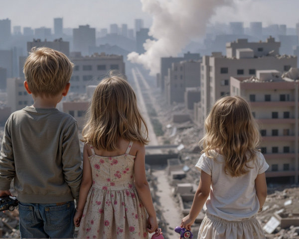 Children Observing a Devastated Urban Landscape